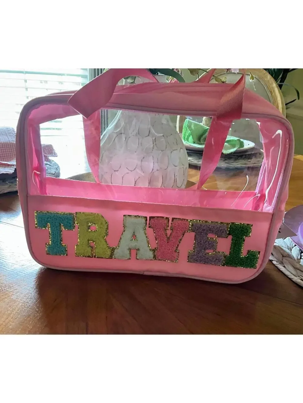 Travel Cosmetic/Toiletry Bag Pink Canvas Chenille Letter Patch NWT